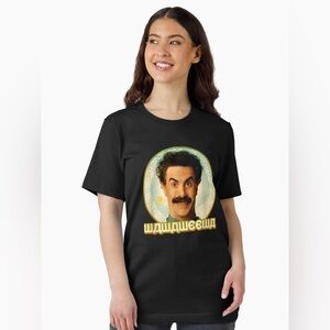 Redbubble Borat Sacha Baron Cohen Black Graphic Tee with Retro Circular Portrait
